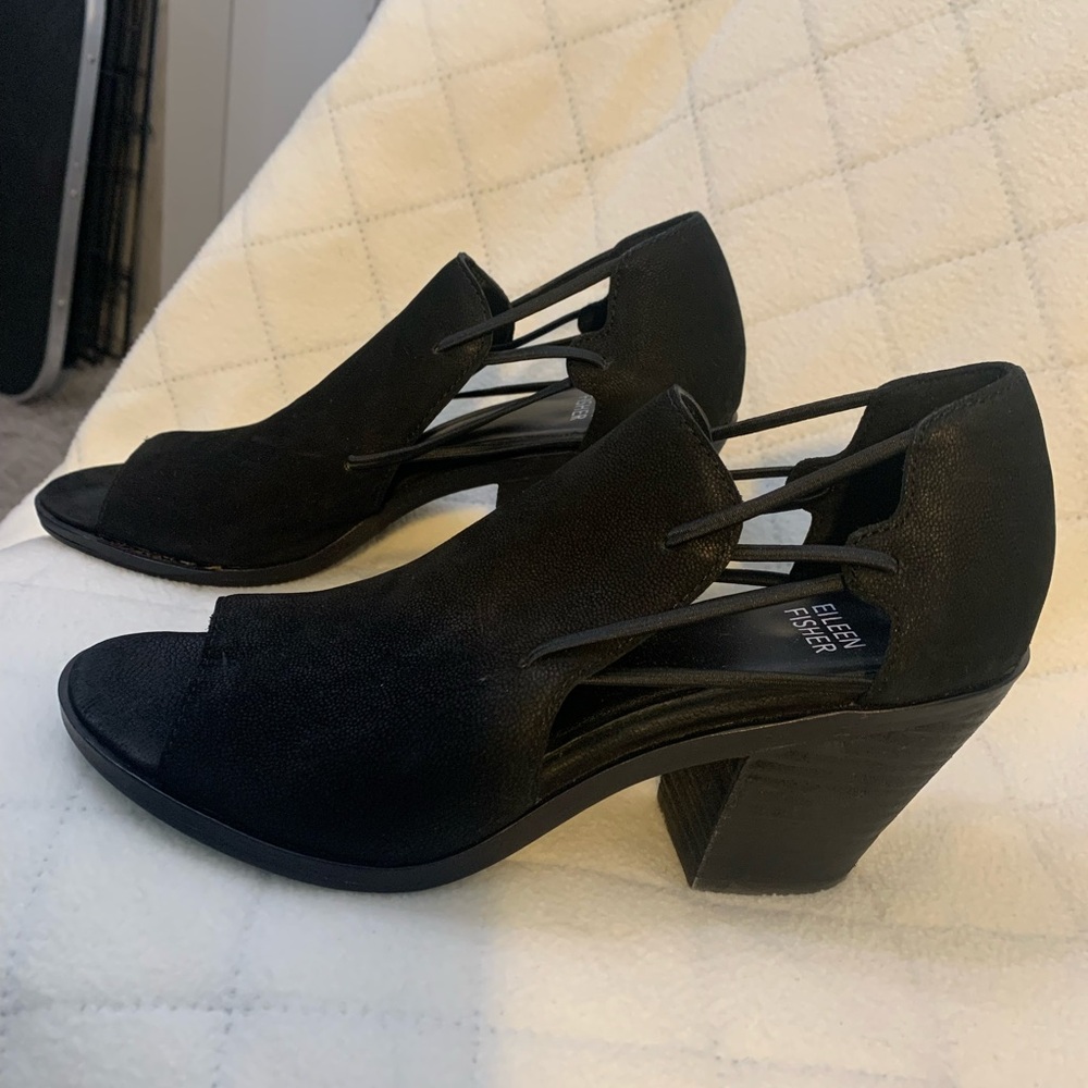 Eileen Fisher Vero Cuoio Nikki Open Peep Block Chunky High Heels